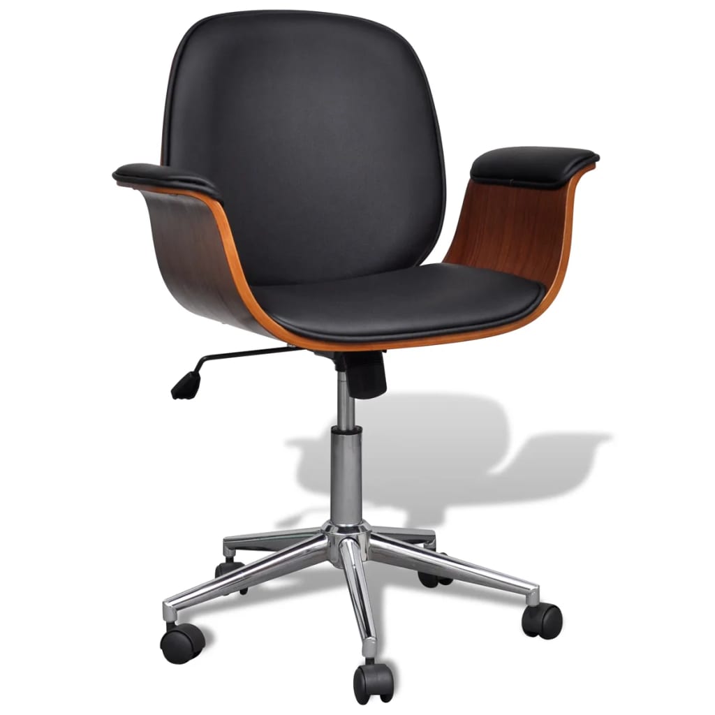 Office Chair Black and Brown Faux Leather, Bent Wood, Chromed Iron