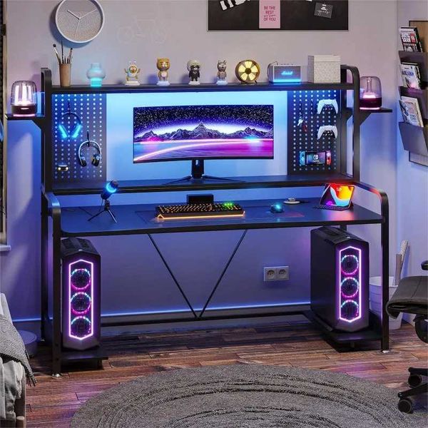 Other Furniture Gaming Desk 55 Computer Desk with Hutch and Shelves Gaming Desk with LED Lights Pegboard Monitor Shelf Q240703