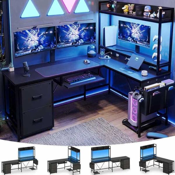 Other Furniture L-shaped gaming desk with reversible corner and power outlet for computer setup Q240703