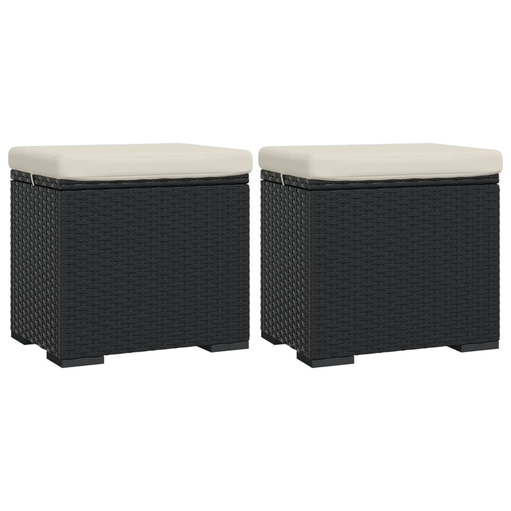 Ottoman Set of 2 Black, Cream White PE Rattan, Powder-Coated Metal