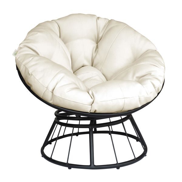 Outdoor 360-degree rotating papasan chair featuring a circular cushion and beige steel frame
