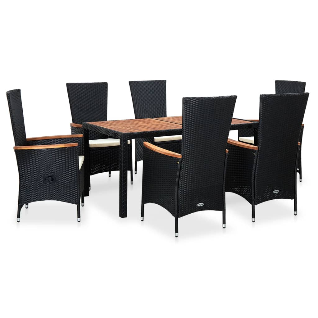 Outdoor Dining Set Black PE Rattan 7 Piece Adjustable Armrests