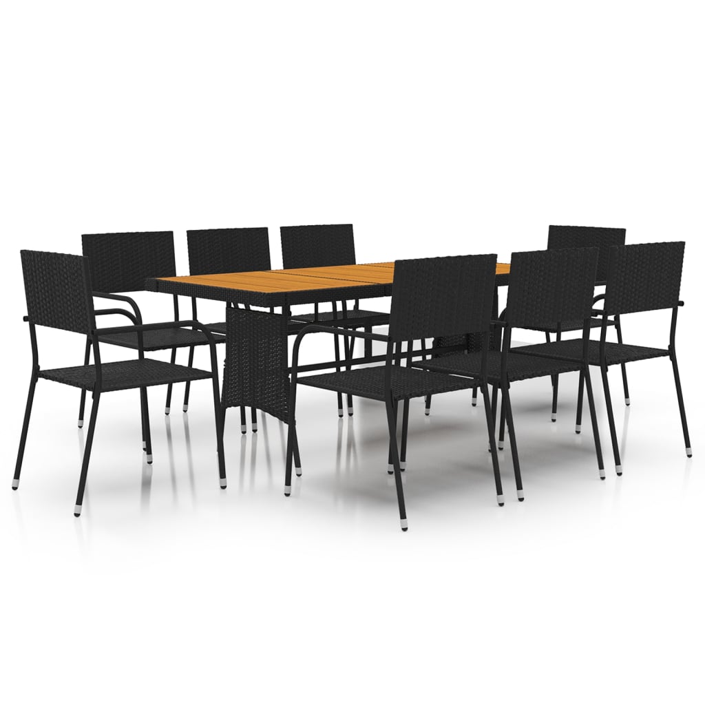 Outdoor Dining Set Black PE Rattan, Steel, Solid Acacia Wood Large