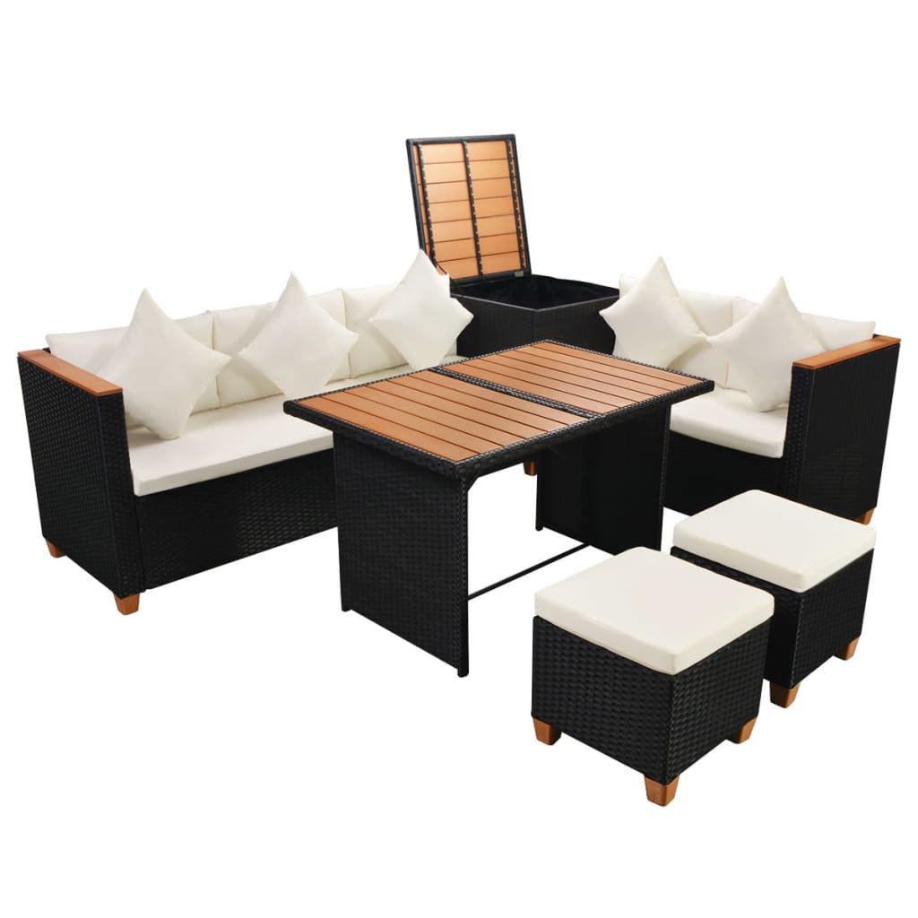 Outdoor Dining Set Black with cream white cushions