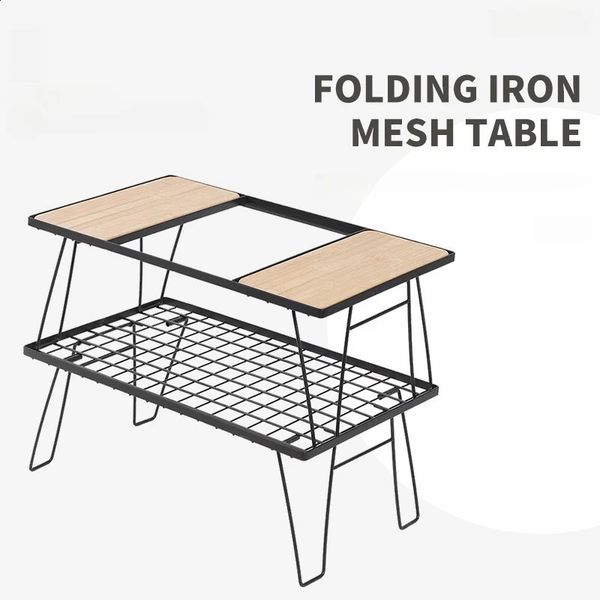 Outdoor IGT camping folding table with bamboo top and iron mesh, portable and modular for versatile use
