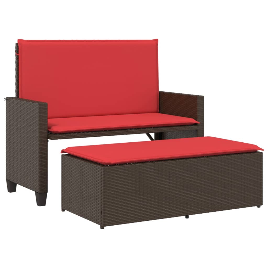 Patio Bench with Cushions and Footstool Brown Poly Rattan