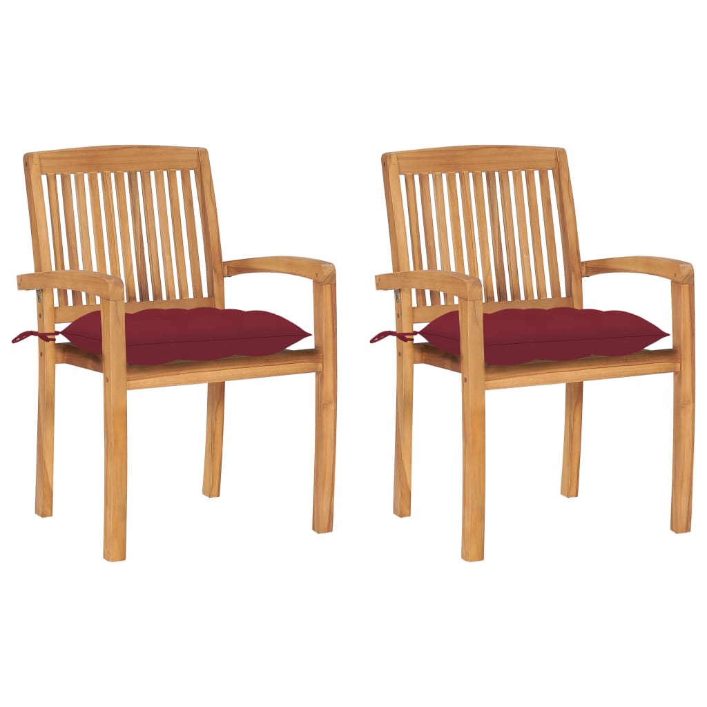Patio Chair Set of 2 Wine Red Cushion, Natural Wood