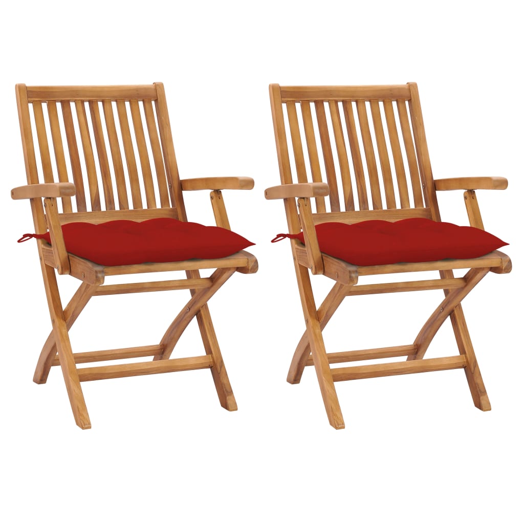 Patio Chair Set of 2 Wooden, Red Cushions