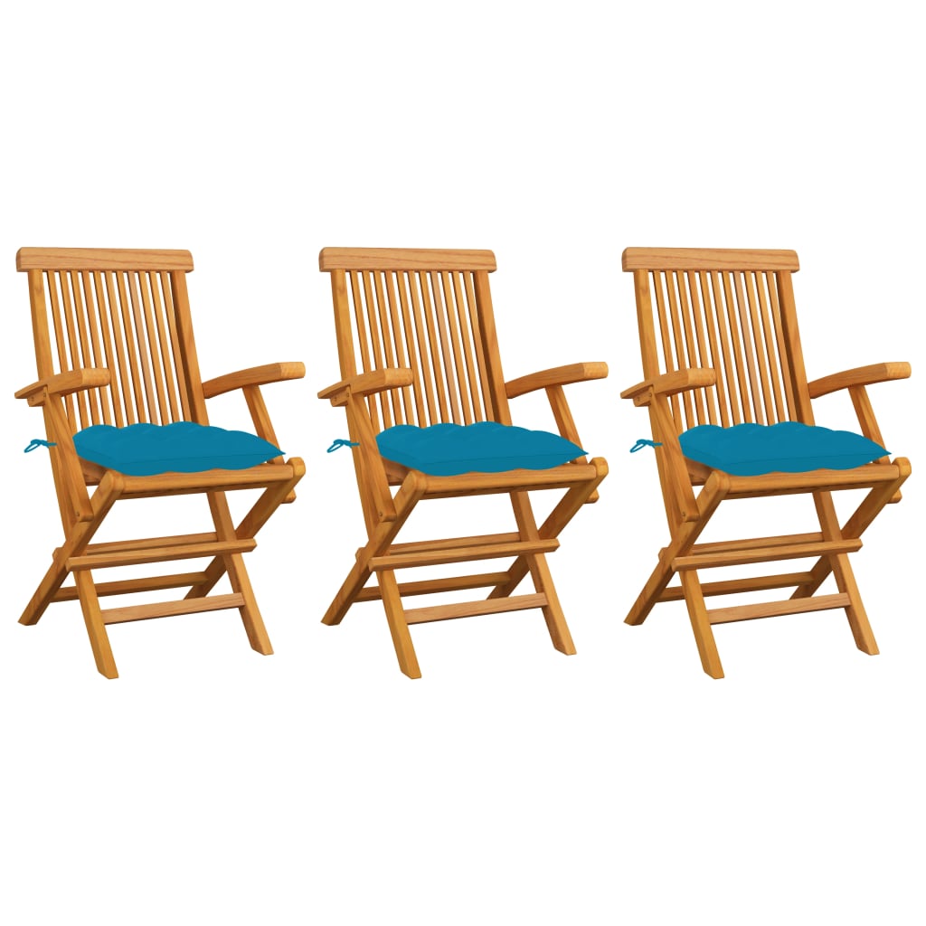 Patio Chair Set of 3 Light Blue Cushions, Teak Wood