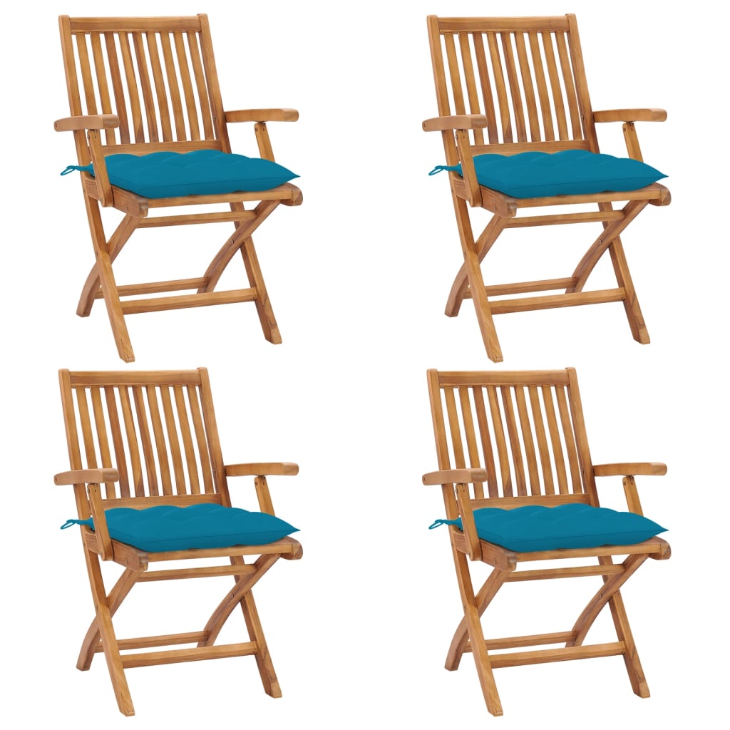 Patio Chair Set of 4 Light Blue Cushion, Natural Teak