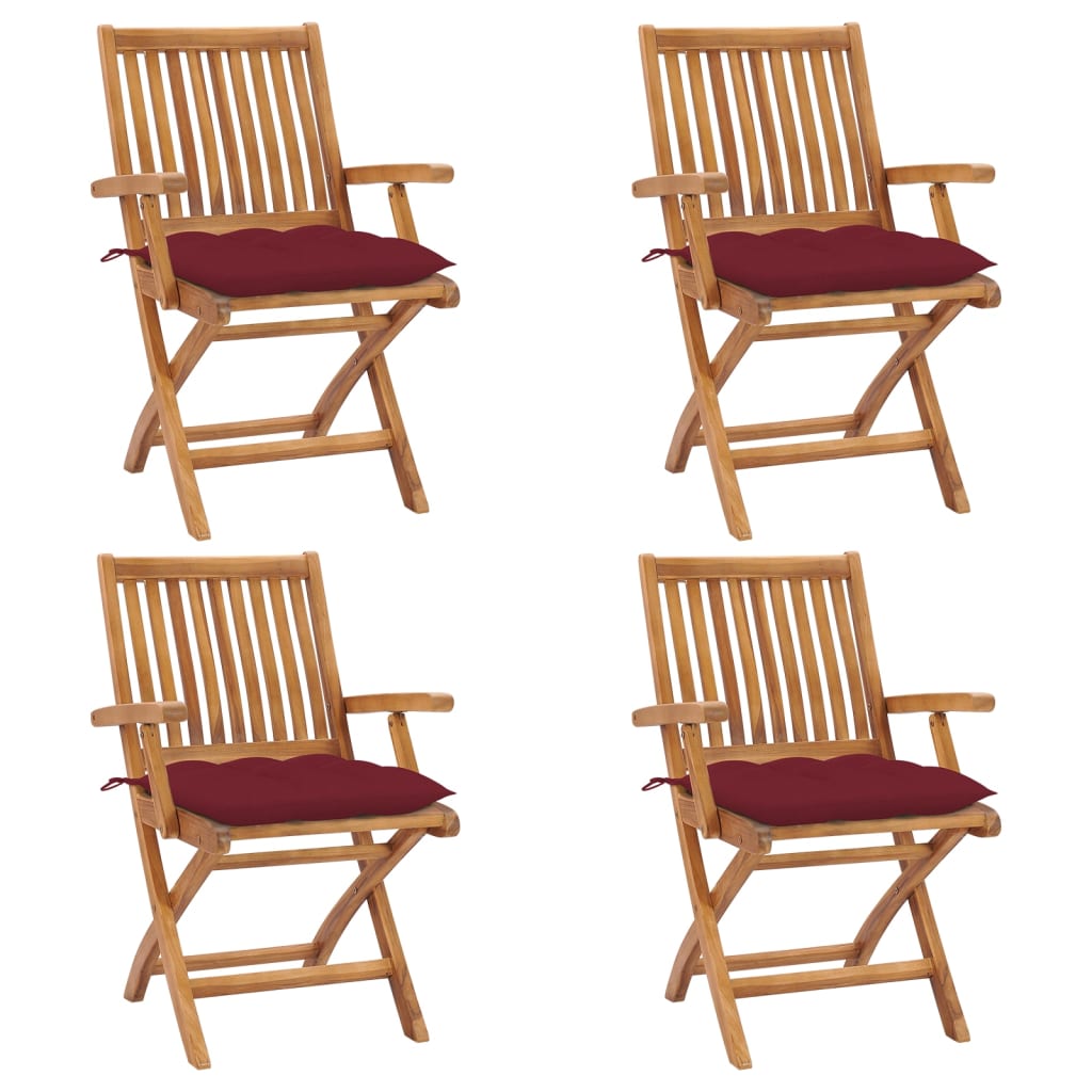 Patio Chair Set of 4 Natural Teak, Wine Red Teak Wood, Polyester