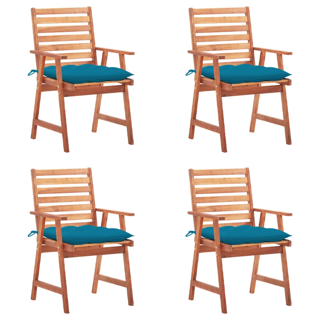 Patio Chair Set of 4 Natural Wood, Blue Cushions