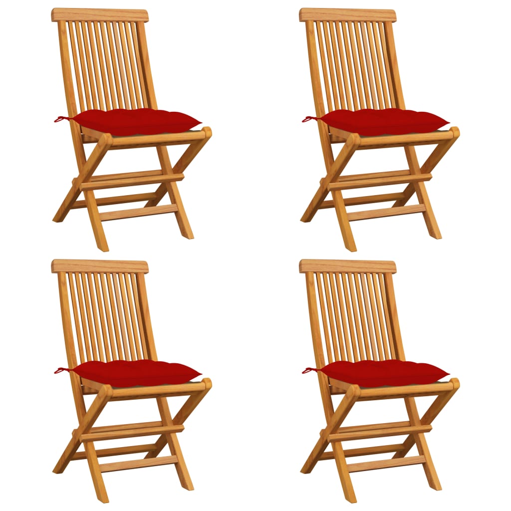 Patio Chair Set of 4 Natural wood, Red Cushions
