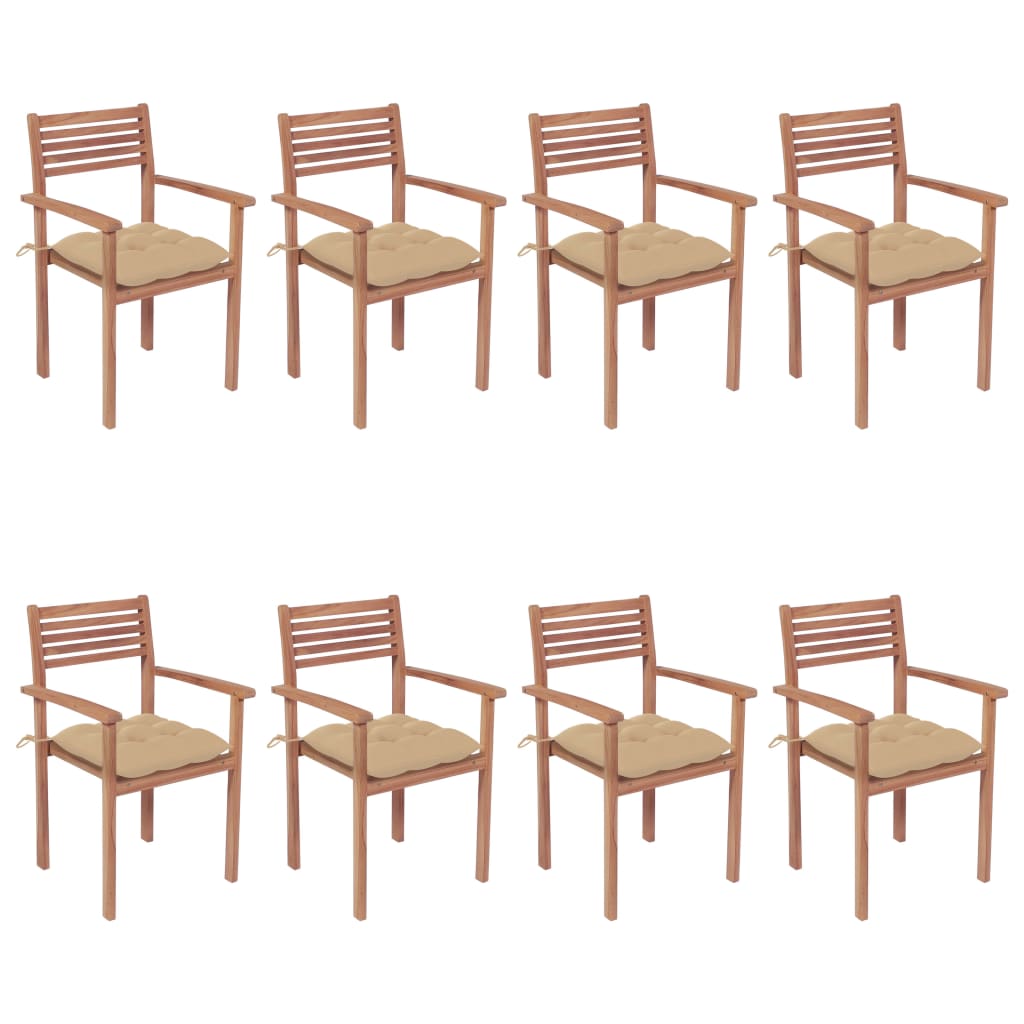 Patio Chair Set of 8 Beige Solid Teak Wood Regular Stackable