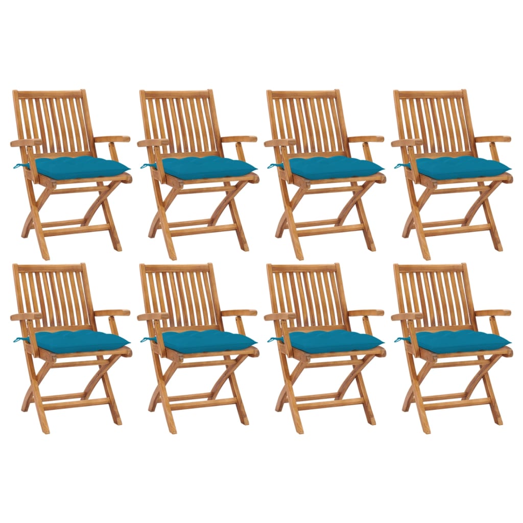 Patio Chair Set of 8 Light blue cushions, natural wood