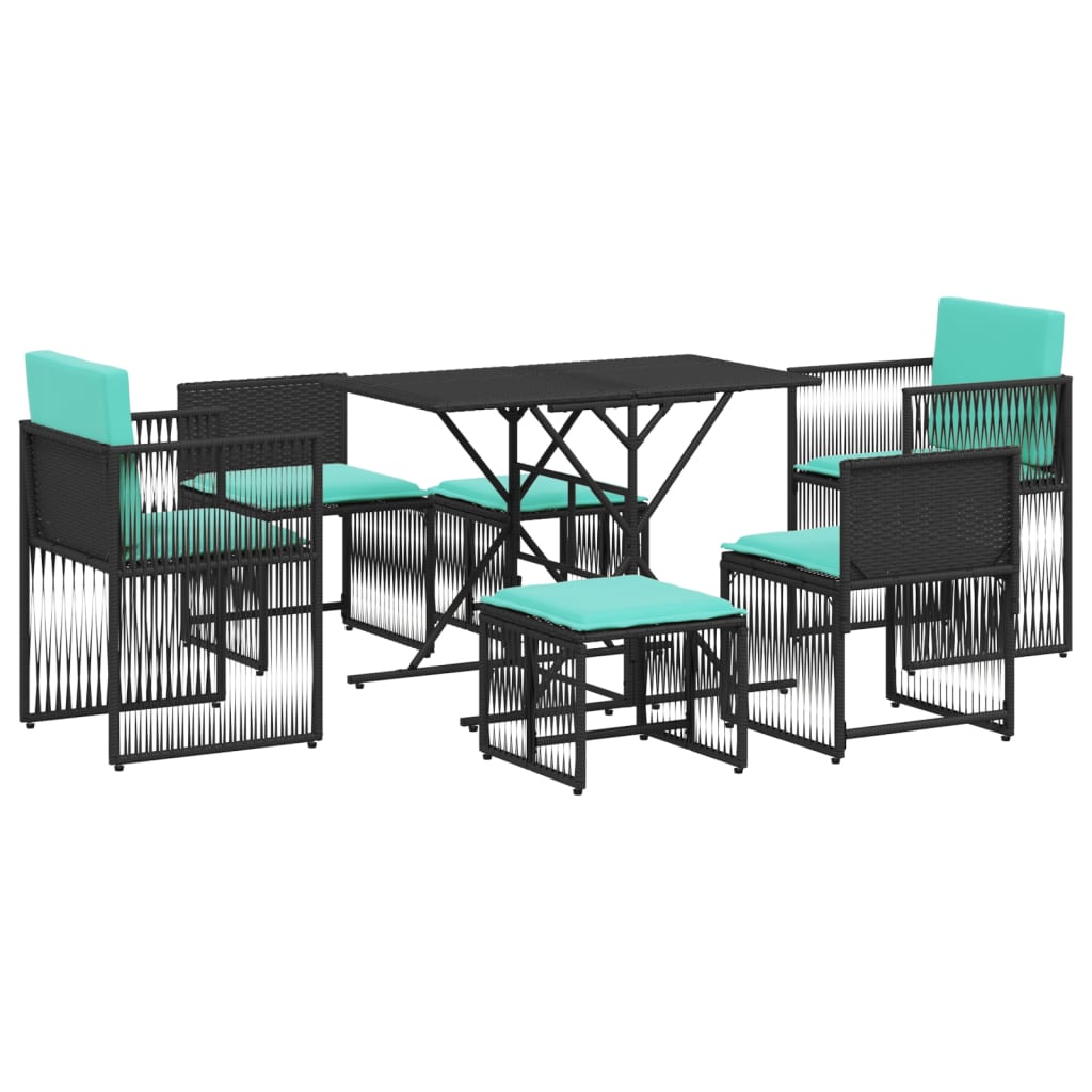 Patio Dining Set Black, Blue PE rattan, powder-coated steel