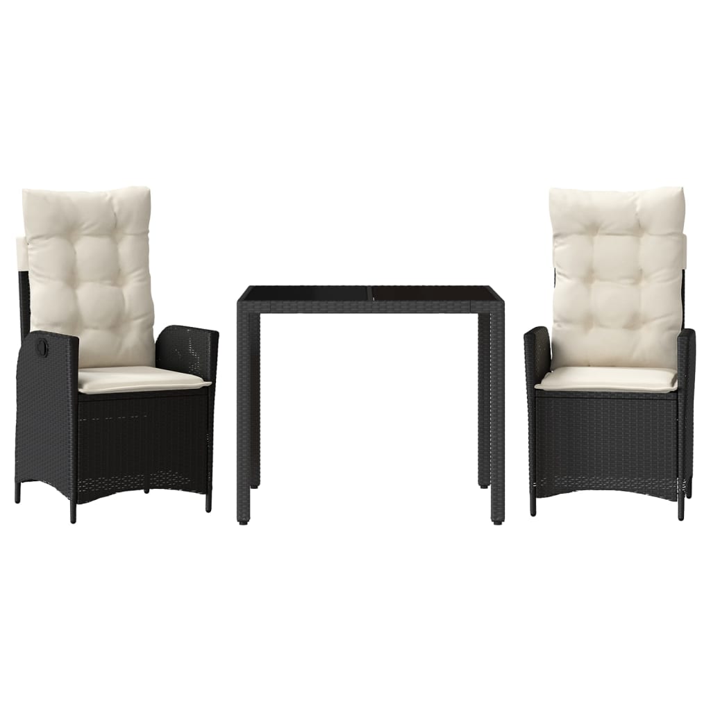 Patio Dining Set Black PE Rattan 3 Piece Set Adjustable Armrests