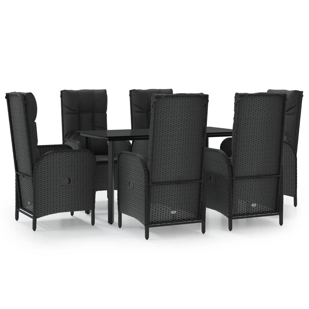 Patio Dining Set Black PE Rattan, Powder-Coated Steel, Tempered Glass