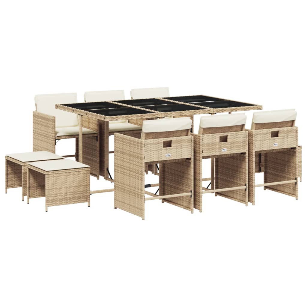 Patio Dining Set Set of 10 Beige with Cream White Cushions