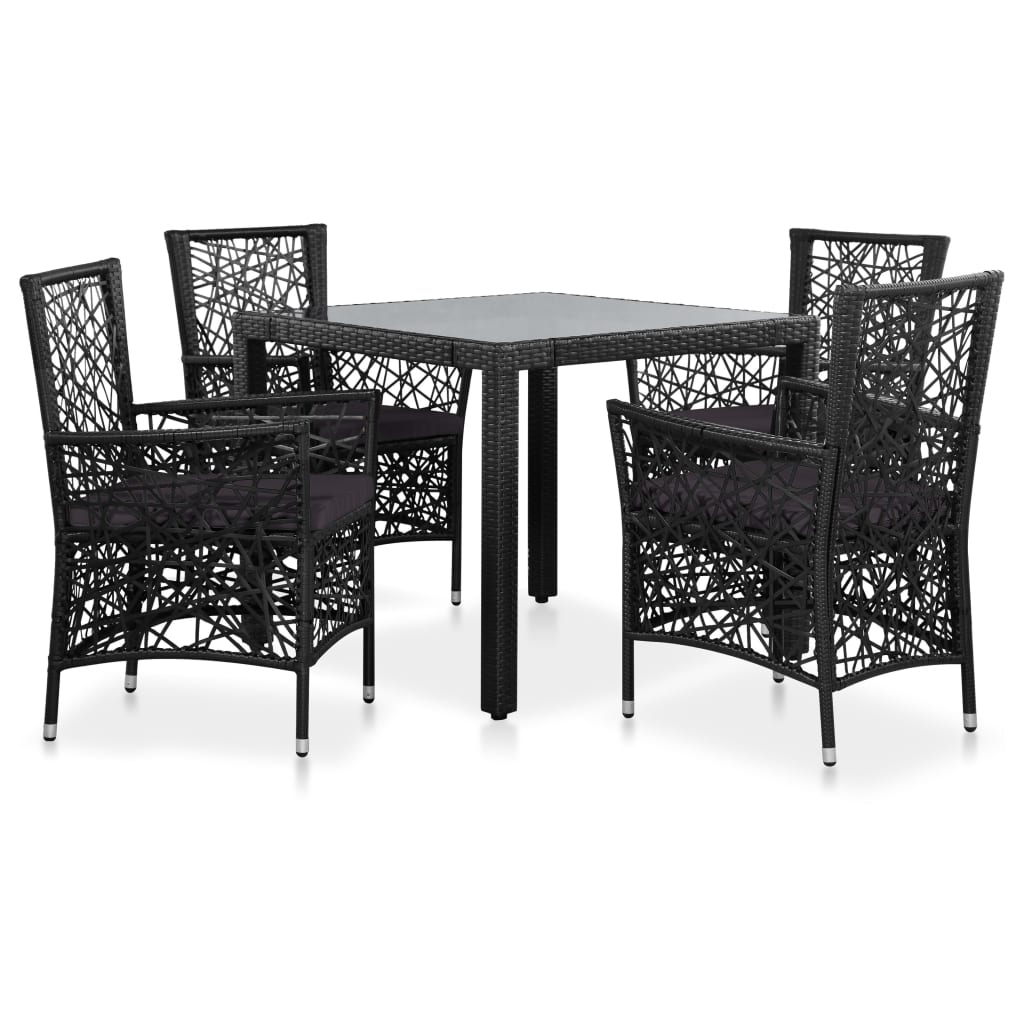 Patio Dining Set Set of 4 Black Poly Rattan, Steel, Tempered Glass