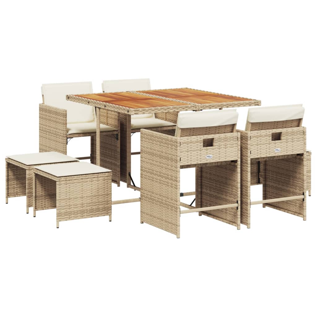 Patio Dining Set Set of 8 Beige PE rattan 9 Piece Foldable