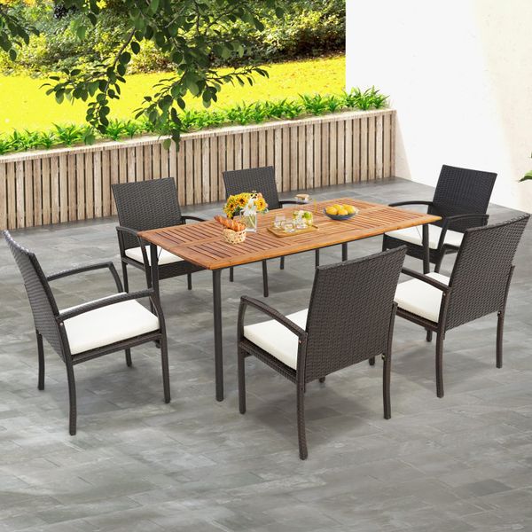Patio dining table featuring acacia wood, umbrella hole, and metal legs