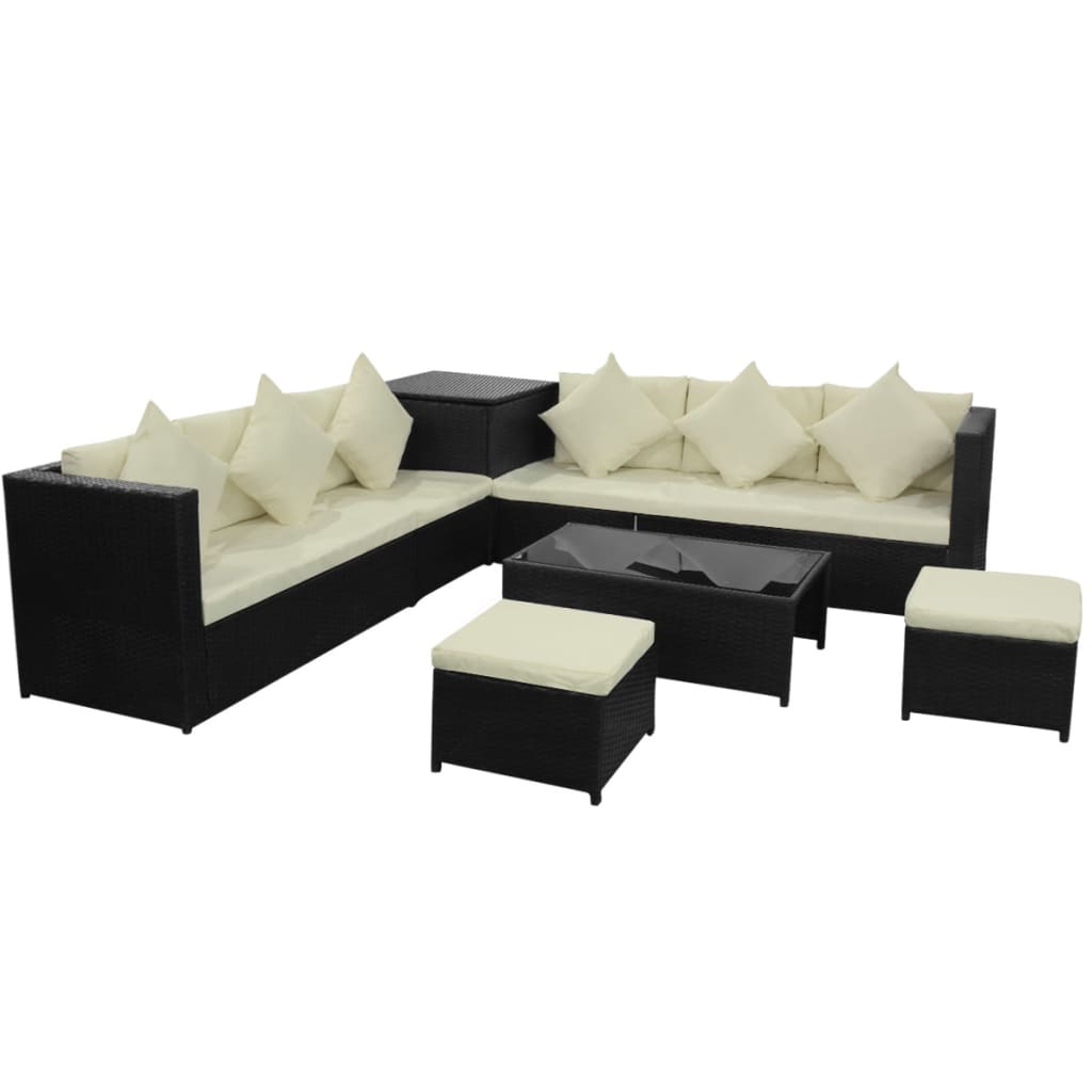 Patio Furniture Set Set of 8 Black and Beige Poly Rattan Large