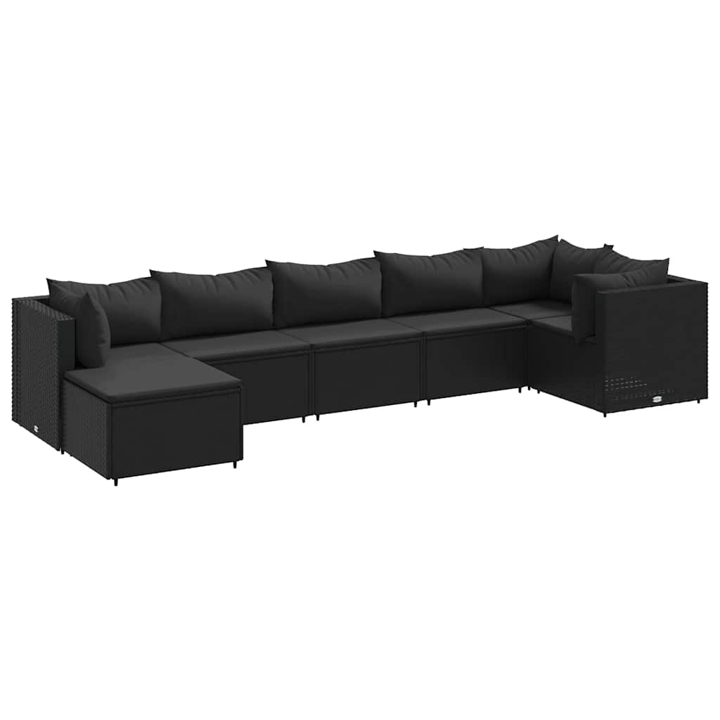 Patio Lounge Set Black PE Rattan, Powder-Coated Steel 7 Piece