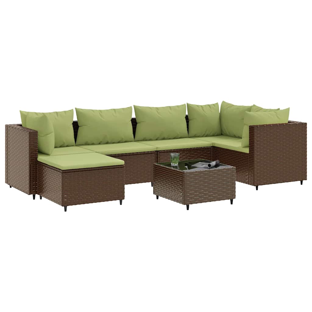 Patio Lounge Set Brown Poly Rattan 7 Piece Set Adjustable Feet