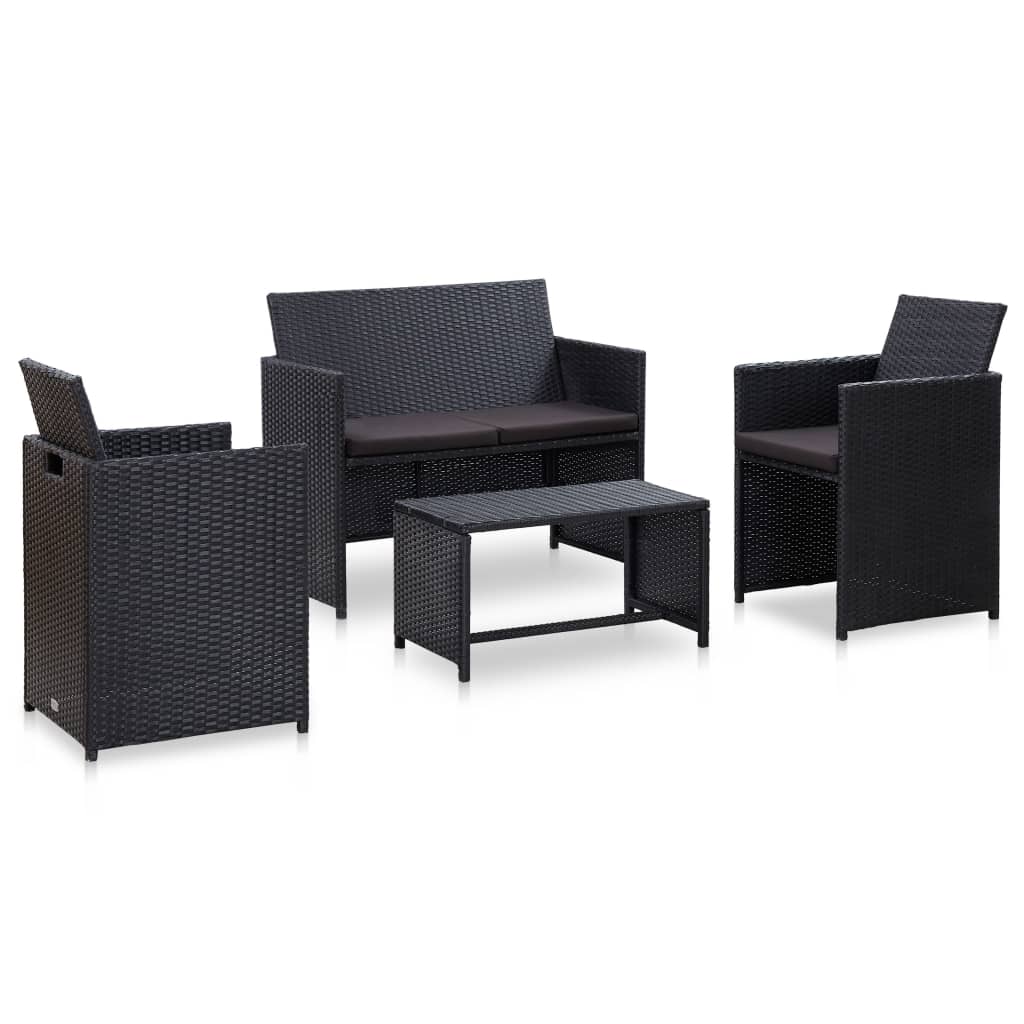 Patio Lounge Set Set of 4 Black PE Rattan, Powder-Coated Steel