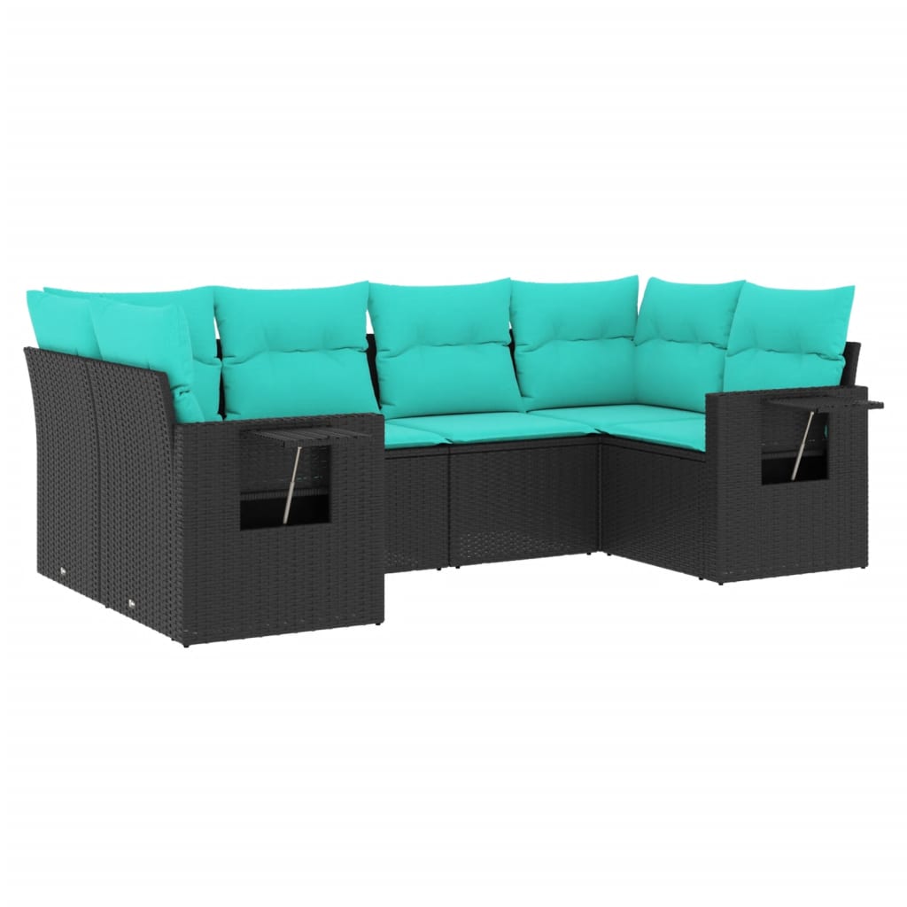 Patio Sofa Set Black, Blue Poly Rattan, Powder-Coated Steel, Fabric