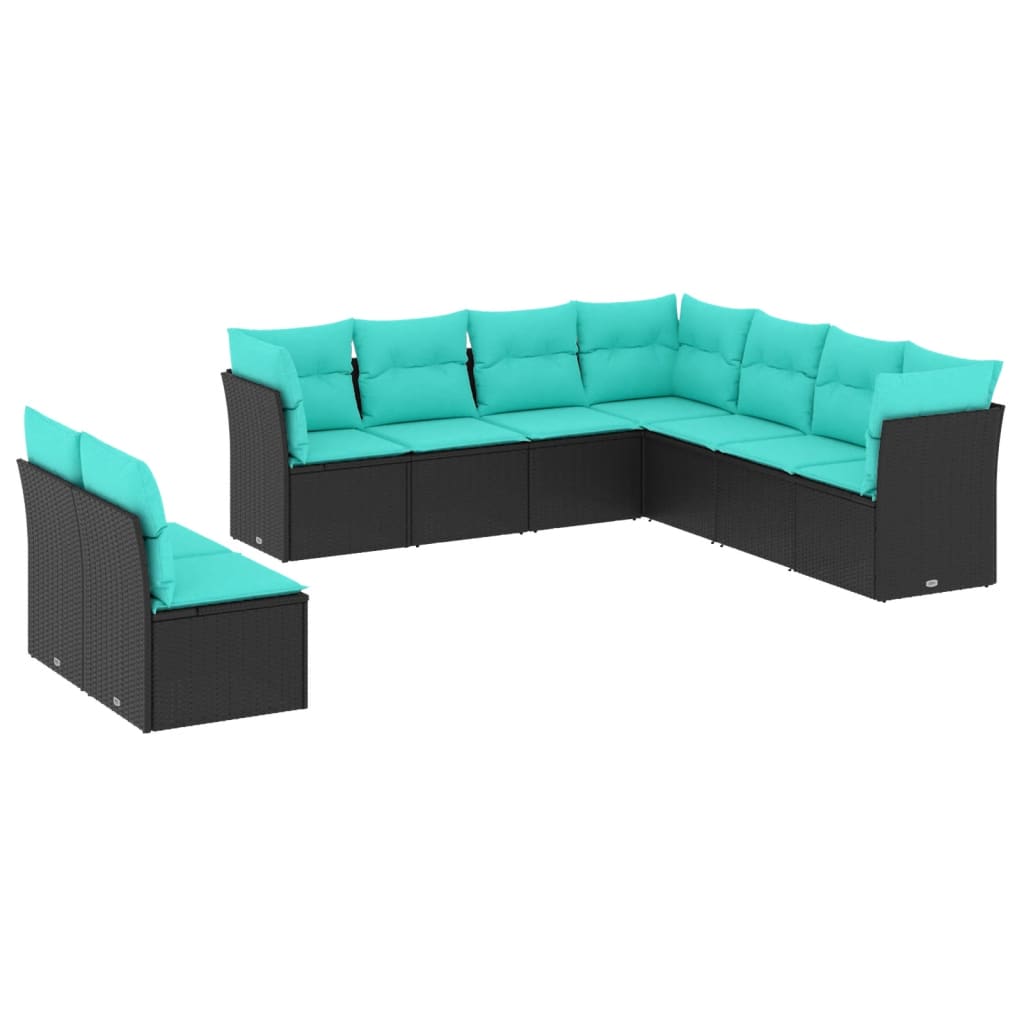 Patio Sofa Set Black PE Rattan, Powder-Coated Steel 9 Piece