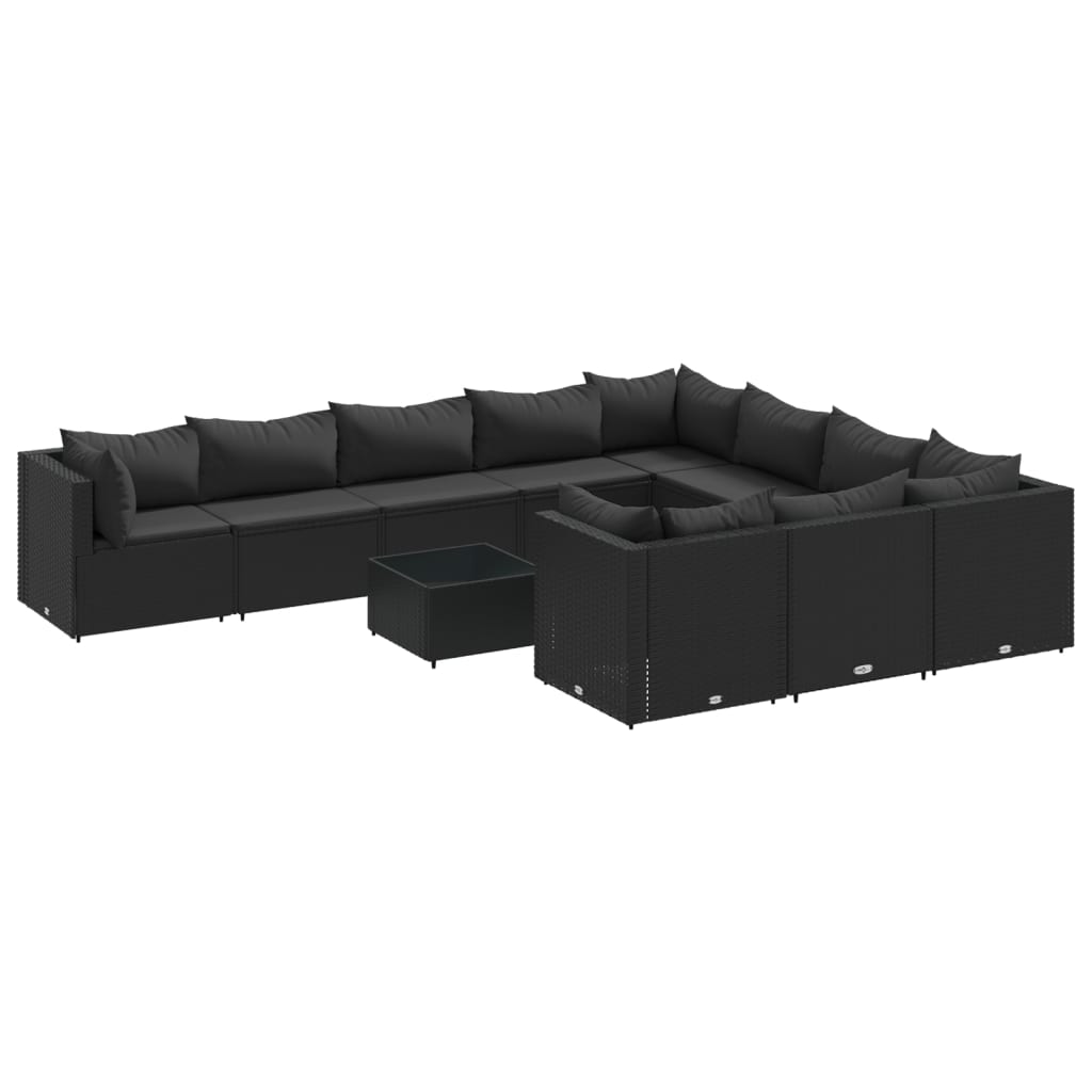 Patio Sofa Set Black PE rattan, powder-coated steel, tempered glass