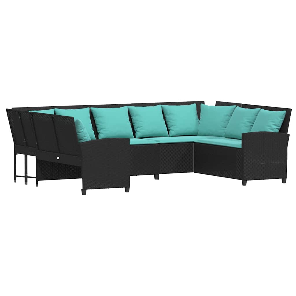 Patio Sofa with Cushions Black Poly Rattan