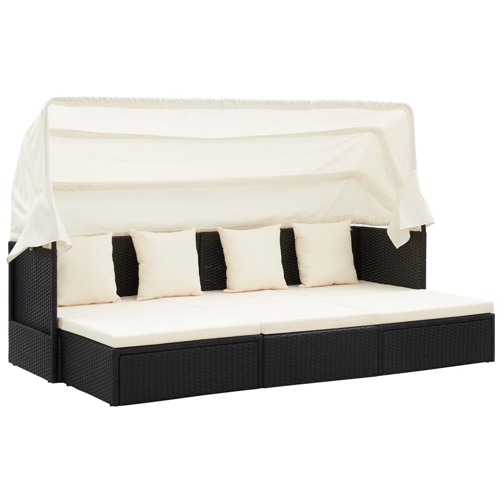 Patio Sun Lounger Black and Cream White Poly Rattan, Polyester, Steel