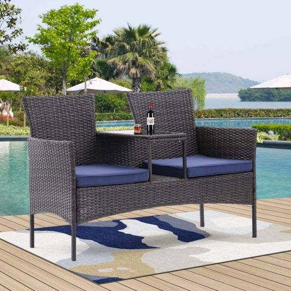 PE rattan outdoor loveseat set featuring a built-in coffee table and removable cushions, ideal for garden, lawn, or backyard use