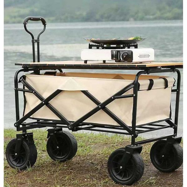 Portable folding camping cart featuring a table and can holder, designed for outdoor use with a 50kg load capacity