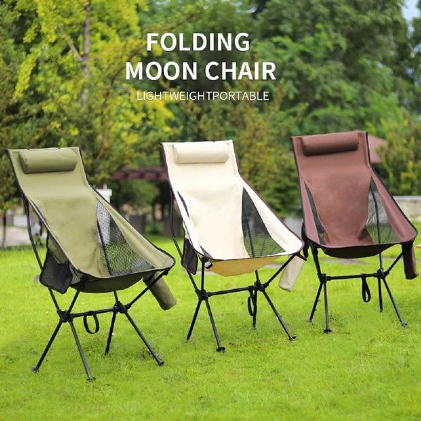 Portable folding camping chair with headrest, lightweight aluminum frame for outdoor travel and fishing