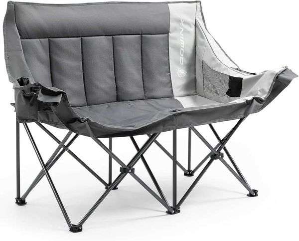 Portable folding loveseat camping chair with side pockets for outdoor and beach use