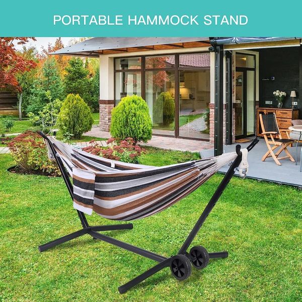 Portable hammock stand with wheels for two people, heavy-duty Haas base supports 450 lbs
