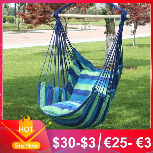 Portable striped hammock chair for indoor and outdoor relaxation during travel, camping, or leisure
