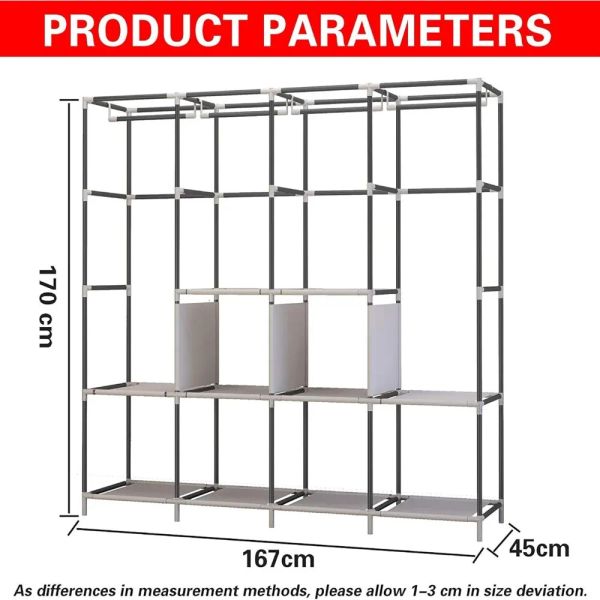 Portable wardrobe with 6 shelves, 4 hanging areas and side pockets for storage