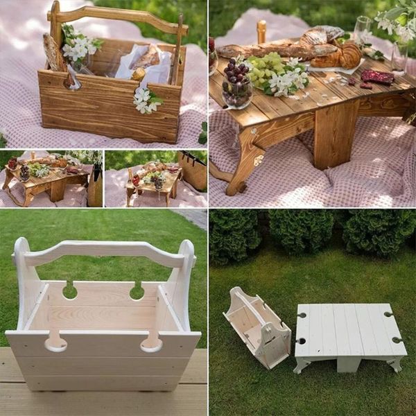 Portable wooden folding camp table for outdoor use, beach picnics, and garden gatherings with storage for wine glasses and tea cups in burlywood finish