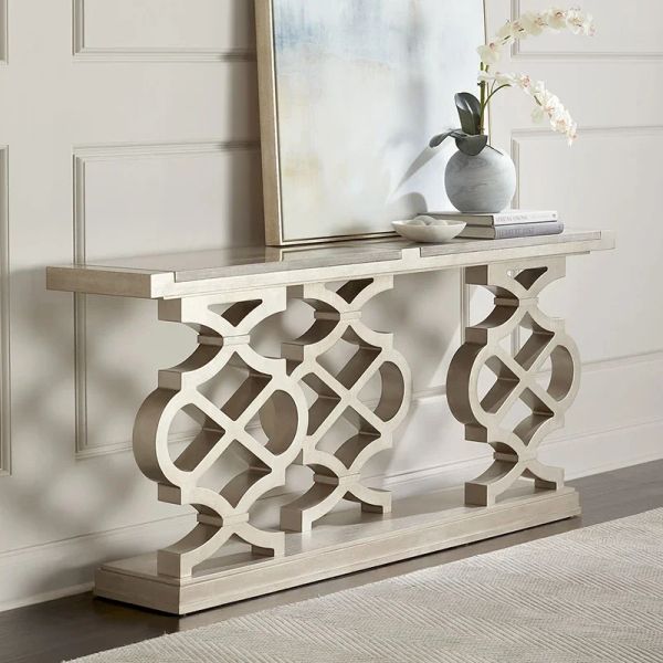 Postmodern decorative cabinets in entryways divide spaces like vintage white sideboards