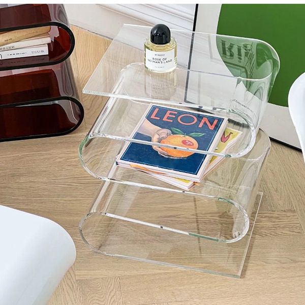 Premium transparent modern acrylic W-shaped magazine holder with 4-tier bookshelf and side desk design