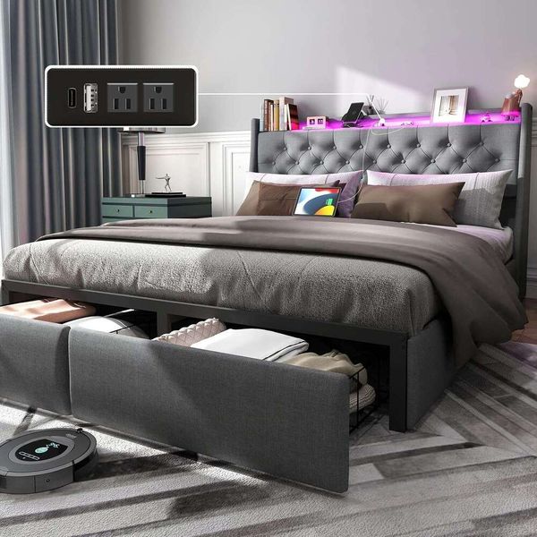 Queen bed frame featuring 2 drawers, wingback upholstered button-tufted headboard, and built-in charging station