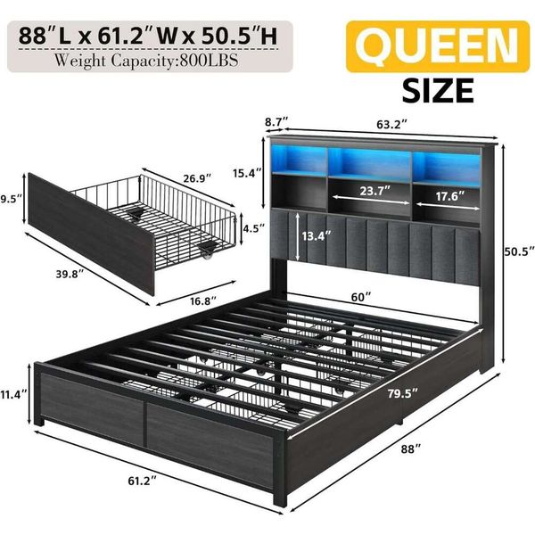 Queen bed frame featuring a high bookcase headboard, 4 storage drawers, and built-in charging station