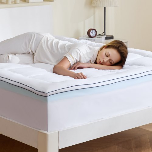 Queen size 4-inch memory foam mattress topper with fiber fill, removable washable cover, and ergonomic pressure-relieving design