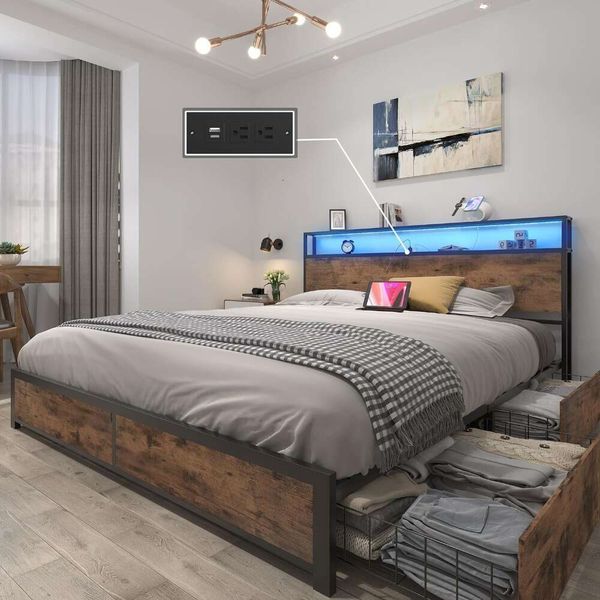 Queen-size 2-tier headboard with metal bed frame featuring 4 storage drawers, built-in charging and LED lighting