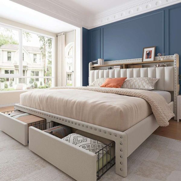 Queen-size upholstered bed frame with headboard and 2 storage drawers